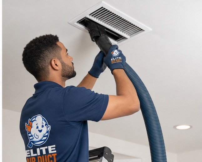 Elite Air Duct technician cleaning a ceiling air vent